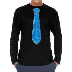 Bellatio Decorations Verkleed shirt heren - stropdas glitter blauw - zwart - carnaval - longsleeve XL