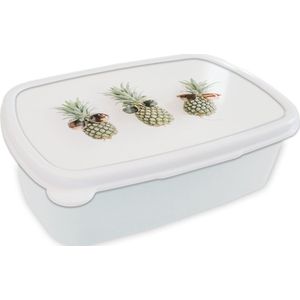 Broodtrommel Wit - Lunchbox - Brooddoos - Ananas - Tropisch - Zonnebril - 18x12x6 cm - Volwassenen