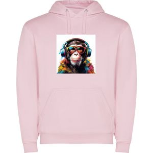 Zacht Roze unisex hoodie met “ Kleurrijke Chimpansee met Bril en Koptelefoon“ Print Full merk Roly maat 140 9/10 jaar