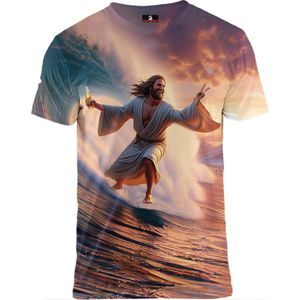 Surfende Jezus op vakantie- DJ Kat T-shirt Maat XL - Crew neck - Festival shirt - Superfout - Fout T-shirt - Feestkleding - Festival outfit - Foute kleding