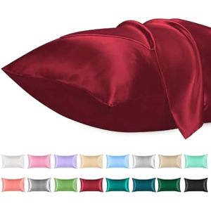 Selbro ® 2 Pack Satijnen Kussenslopen, Standaard Formaat, Zacht Effen Microfiber Satijn, Envelop Sluiting, Kreukvrij, Vervagingsbestendig, Ademend, Wijn Rood
