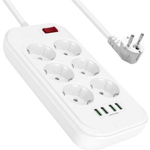 Stekkerdoos Met USB - Meervoudige Stekkerdoos Met Schakelaar - 6 Stopcontacten - 2 Meter Kabel - 2500W/10A - Voor Huishoudelijke Apparaten - Smartphones - PC - Thuis En Kantoor - Wit