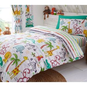 Eenpersoons dekbedovertrek Jungle Fun met 1 kussensloop - wit met vrolijk gekleurde wilde dieren - olifant, zebra, aap, krokodil, giraffe, vogels - safari dierentuin eenpersoons dekbed - 140 x 200 cm