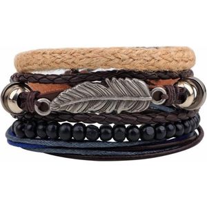 Fako Bijoux® - Armband Leer - Set Vintage - Veer Touw