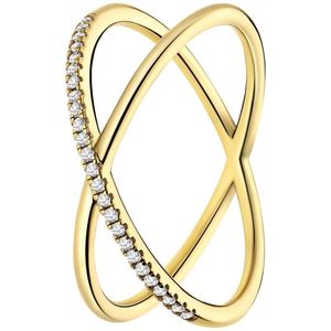 Lucardi Dames Zilveren goldplated ring gekruist met zirkonia - Ring - 925 Zilver - Goudkleurig - 20 / 63 mm