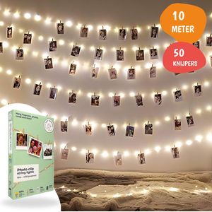 Fotoslinger met Verlichting - 10m - Warm Wit - 50 mini Houten Knijpers - 10 Zelfklevende Knijpers - Lichtslinger - Fairy Lights - String Lights