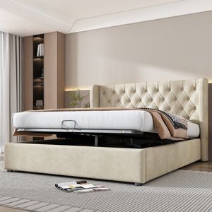 140 x 200 cm Orenvormig Gestoffeerd bed met veel opbergruimte - Tweepersoonsbed - opbergbed - Zonder matras - Beige