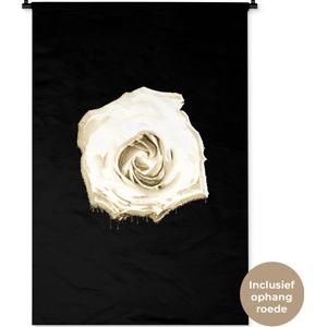 Wandkleed BloemenKerst illustraties - Close-up witte bloem tegen zwarte achtergrond Wandkleed katoen 90x135 cm - Wandtapijt met foto