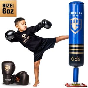 Guerilla Sports – Staande Bokszak ""KIDS BLUE"" - Kickbokszak met stevige voet in hoogwaardige kwaliteit en leren bokshandschoenen (6oz) – Kids – Boksbal kind