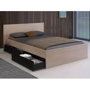 Vente-unique Bed met 2 lades 140 x 190 cm Kleur: naturel en zwart - VELONA L 164.4 cm x H 82.6 cm x D 193.6 cm
