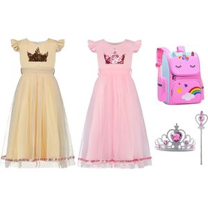 Prinsessenjurk meisje - Schooltas Meisje - Eenhoorn Rugzak - Unicorn Rugtas - Verkleedkleding - Roze Jurk - maat 116/122(120) - Kroon - Toverstaf - Feestjurk - Communiejurk