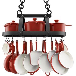 Plafond Opknoping Pot Rack 85CM Plafondplank voor Keuken Ovale Pot en Pan Rack Mat Zwarte Pot Hanger met 20 S Haken, KUR221S85-BK