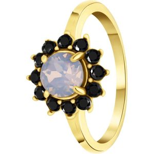 Lucardi Dames Stalen goldplated vintage ring met bloem zwart en roze - Ring - Staal - Goudkleurig - 17 / 53 mm