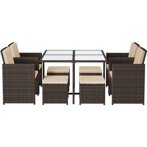 Tuinmeubelset - Eettafel en Stoelen - Set van 9 - Terras - Salontafel met Glazen Oppervlak - Bruin Beige