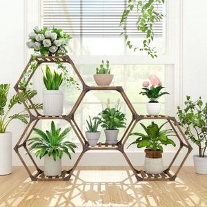Plantenrek - Zeshoekige Plantenstandaard voor Binnen en Buiten - Hout - Creatief Doe Het Zelf Plantenrek - Bloemenrek voor Ramen, Hoek, Woonkamer, Balkon, Tuin, Kantoor - (7 Verdiepingen, 141 x 25 x 97 cm)