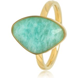 My Bendel Goudkleurige ring met Amazonite edelsteen - Gestreepte goudkleurige ring met een Amazonite edelsteen in creativevorm - Met luxe cadeauverpakking