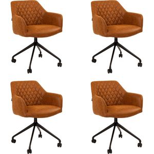 Bronx71® Eetkamerstoel met wieltjes Levi cognac eco-leer - Eetkamerstoelen set van 4