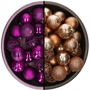 Decoris kerstballen - 74x st - camel bruin en paars - 6 cm - kunststof
