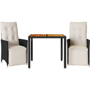 vidaXL - 3-delige - Bistroset - met - kussens - poly - rattan - zwart