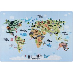 Tapijtenloods Play Vloerkleed Kinderkamer Wereldmap Laagpolig Blauw- 100x150 CM