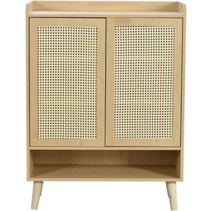 Gotagee Schoenenkast van natuurlijk rotan, schoenenladekast, schoenenrek met 2 deuren en 5 planken, voor de hal. Met houten handgrepen en massief houten poten. Afmetingen: B80/H105/D35 cm