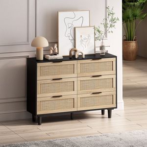 Sweiko Ladekast, Opbergkast met 6 Laden, Rotan laden, 110*40*75cm, voor slaapkamer en woonkamer, Zwarte en natuurlijke kleuren