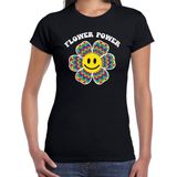 Toppers Jaren 60 Flower Power verkleed shirt zwart met psychedelische emoticon bloem dames - Sixties/jaren 60 kleding XXL