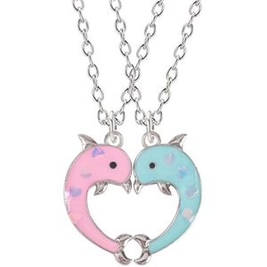 Fako Bijoux® - Vriendschapsketting - BFF Ketting - Dolfijn Met Hartjes - Best Friends Forever - Roze/Blauw