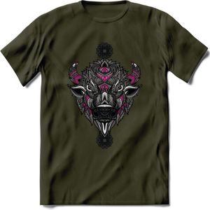 Bizon - Dieren Mandala T-Shirt | Roze | Grappig Verjaardag Zentangle Dierenkop Cadeau Shirt | Dames - Heren - Unisex | Wildlife Tshirt Kleding Kado | - Leger Groen - M