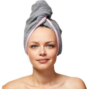 Haartulband van 100% biologisch katoen, tulband handdoek met knoop, dames en heren, grijs/roze