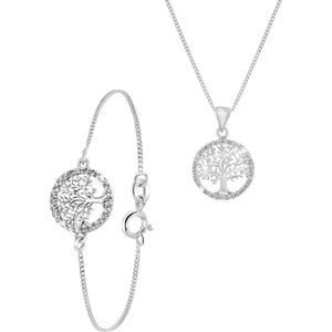 Lucardi - Dames Zilveren set levensboom met zirkonia - Cadeau Set - 925 Zilver - Zilverkleurig