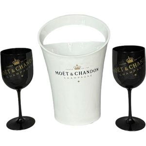 Moët & Chandon Ice Imperial Ice Bucket met 2 Glazen - Luxe Wijnkoeler / IJsemmer (wit) en Champagneglas 2x (zwart)