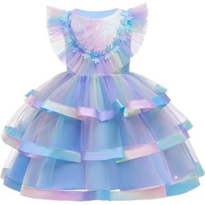 Prinses - Luxe Unicorn jurk - Blauwe regenboog - Prinsessenjurk - Verkleedkleding - Feestjurk - Sprookjesjurk - Maat 134/140 (140) 8/9 jaar