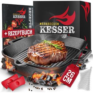Gietijzeren Pan 26cm - Vierkante Antiaanbak Braadpan voor Inductie, Gas en Oven - Inclusief Receptenboek en Reinigingsring
