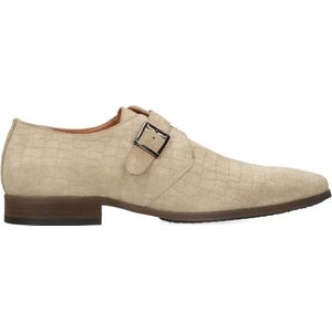 Manfield - Heren - Beige suède gespschoenen met print - Maat 41