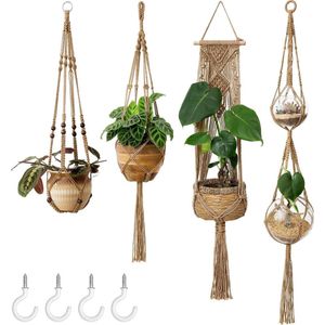4 Stuks Plantenhangers - Boho Handgeweven Katoen Hangpot voor Binnen/Buiten - Bloempot met Kralen - Macramé Touw/Koord Hangplant Houder - Bohemian Wandhanger Decoratie - Verticale Tuin Plant Hanger Bloempothouder Planthanger