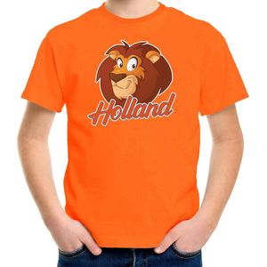 Oranje fan t-shirt voor kinderen - Holland met cartoon leeuw - Nederland supporter - Koningsdag / EK / WK shirt / outfit 134/140