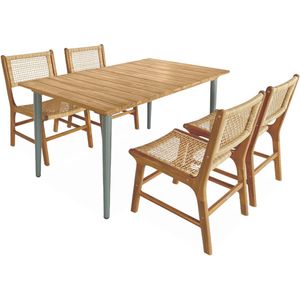 sweeek - Maringa tuintafel hout en metaal, 150cm + 4 ocara tuinstoelen, riet en hout