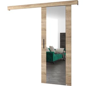 InspireMe - Schuifdeursysteem met rail en spiegel - 90x204cm - AGRA II - Sonoma Eik + Sonoma Eik frame + Zwart Handvat met Soft-Close system
