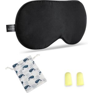 100% zachte zijde slaapmasker met oordopjes en neusbrug - verstelbare riem - zwart