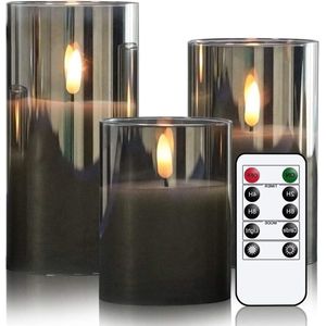 LED Waxinelichtjes - Grijze glazen vlamloze flikkerende kaarsen met afstandsbediening - Bewegende lont - Op batterijen - Warm licht - LED met timer - Set van 3 - Dikte 75 cm x hoogte 10/12/15 cm