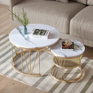 Sea of Osmo Moderne ronde salontafel set van 2 - Goud stevig metalen frame - Marmeren Fineer Bijzettafel van 70 Cm 45 Cm