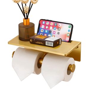 Dubbele rol toiletpapierhouder met plank - wandgemonteerde dispenser - goud - roestvrij staal