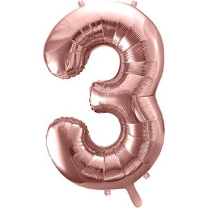 XXL Folieballon Cijfer 3 - Verjaardag Versiering - Feest Decoratie - Party / Kinderfeestje - Happy Birthday 3 Jaar - Rosé Goud - 86 cm
