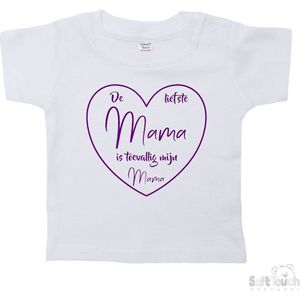 Soft Touch T-shirt Shirtje Korte mouw ""De liefste mama is toevallig mijn mama"" Unisex Katoen Wit/paars Maat 62/68