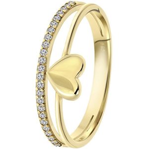 Lucardi Dames Dubbele ring hart en zirkonia - Ring - Cadeau - 14 Karaat Goud - Geelgoud