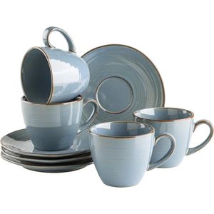 Serie Nottingham Vintage koffiekopjes, set voor 4 personen, schoteltjes met onregelmatige rondingen in retro look, steengoed, blauw-grijs