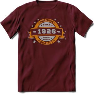 Premium Since 1926 T-Shirt | Zilver - Goud | Grappig Verjaardag en Feest Cadeau Shirt | Dames - Heren - Unisex | Tshirt Kleding Kado | - Burgundy - XXL