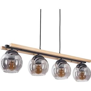 MANDEE.NL - Pedro Zwarte Houten Glazen rokerige kleuren Hanglamp 4-lichtbronnen - Rechthoekige moderne plafondlamp - woonkamer interieur zwarte e27 lichtbronnen unieke hanglamp