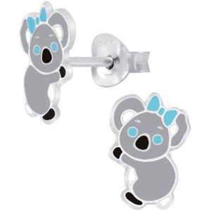 Oorbellen kinderen | Zilveren oorstekers, koala met blauwe strik